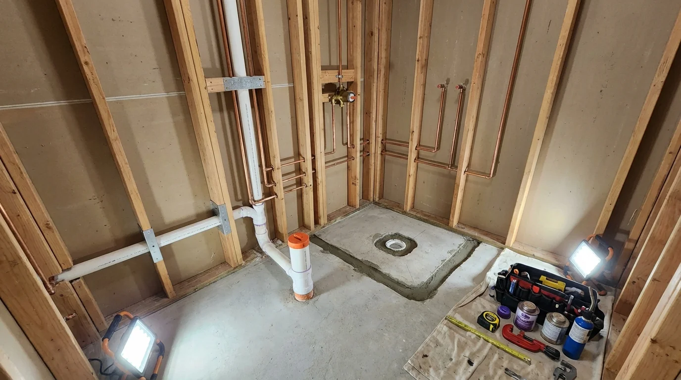 Bathroom rough-in plumbing during remodel by Johns Plumbing LLC in Batavia