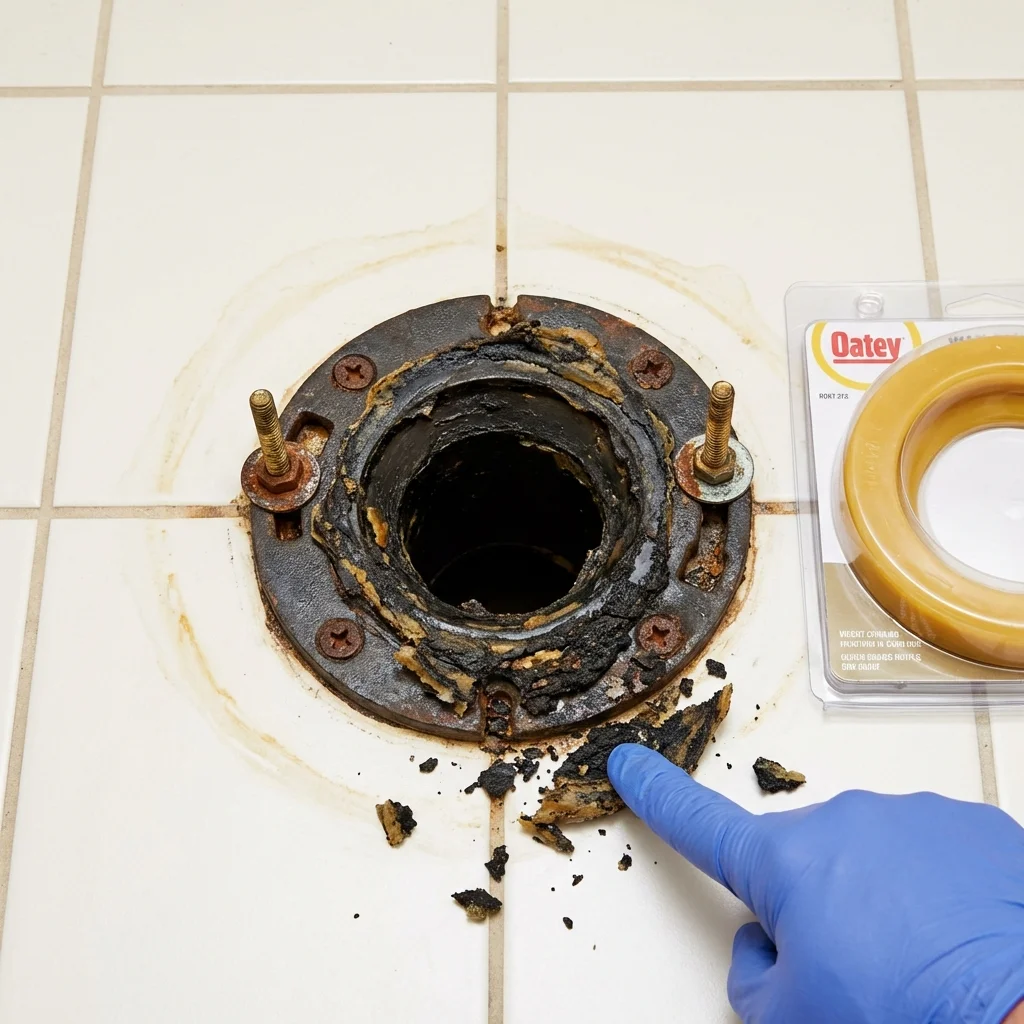 Failed wax ring showing water seepage at the base of a toilet in a Batavia, IL home