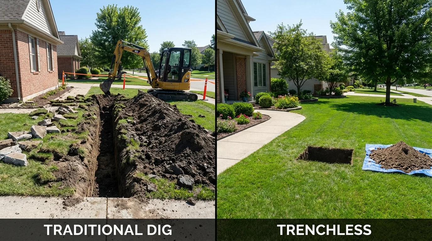 Trenchless sewer repair with minimal yard damage versus traditional excavation in Batavia, IL